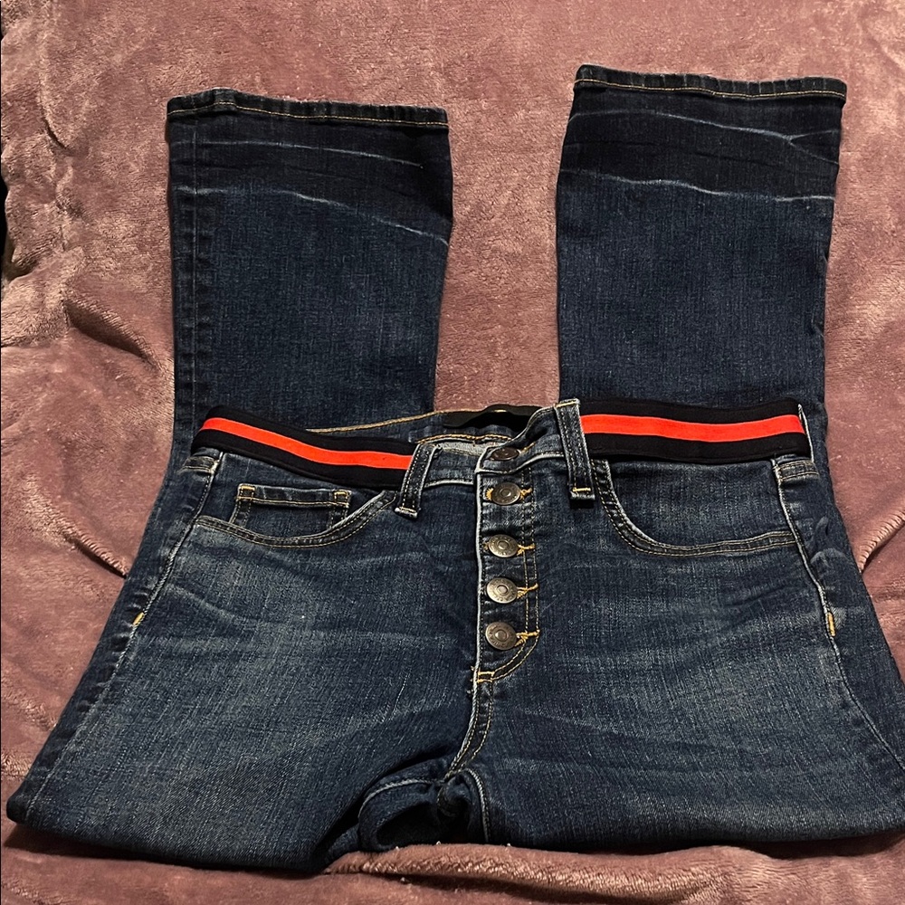 Veronica Beard Blue Tidal Carolyn baby boot jeans w/Red-Blue Trim waist Size 28